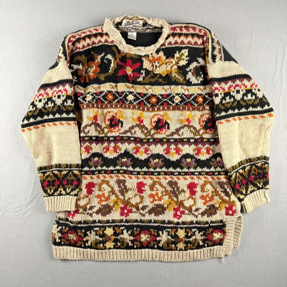 Vintage Heirloom Collectible Floral Fair Isle Sweater Ramie Cotton Multi Color L
